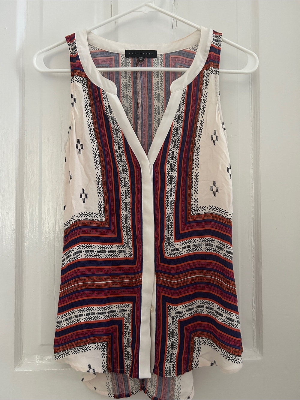 Sanctuary Boho V-Neck Sleeveless Top in White, Red & Navy